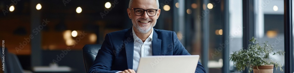 Successful Mature Businessman: Smiling Executive Using Laptop at Office Desk. Professional Middle-aged CEO Manager Engaged in Computer Work. Corporate Leadership and Technology Integration in Modern W