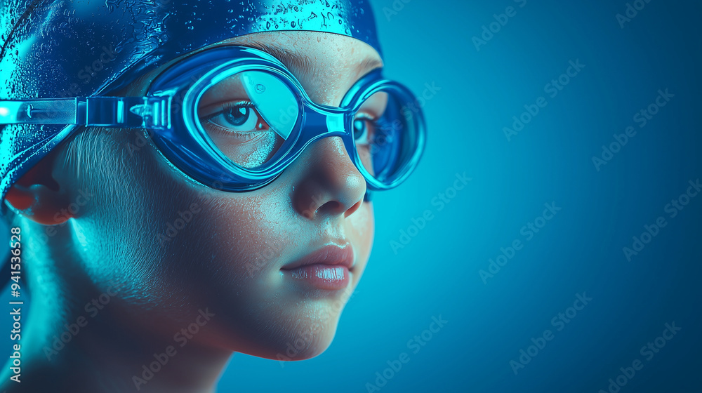 Portrait of an active boy on a blue background in a swimming cap and sport goggles. The child 8-10 years old. Healthy lifestyle. Copy space. Text. Commercial use. Empty place Portrait of an active boy on a blue background in a swimming cap and sport goggles. The child 8-10 years old. Healthy lifestyle. Copy space. Text. Commercial use. Empty place