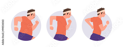 Isolated round composition set with overweight man cartoon character runner transforming body