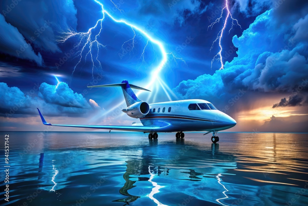 Naklejka premium Azure Thunderclap: Ocean-blue jet, thunderous engine, bolts of lightning, aquatic elegance, majestic
