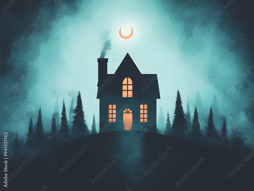 Mystical House in the Forest at Night with Crescent Moon Mystical House in the Forest at Night with Crescent Moon