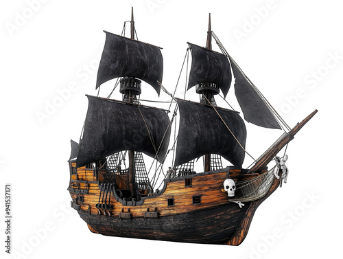 Pirate ship with black sails on white background, detailed and adventurous. photo