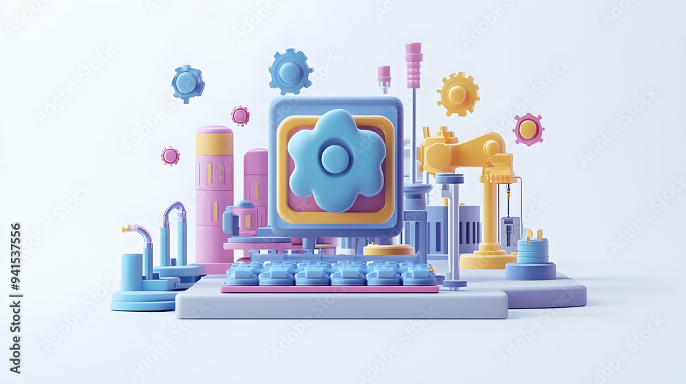 3D Icon as Neural network and manufacturing process concept as A neural network icon paired with a manufacturing process icon representing the use of AI in optimizing manufacturing workflows perfect f