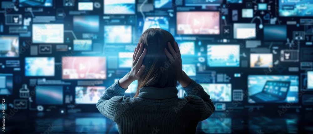 A person overwhelmed by multiple screens, representing information overload and digital distraction in modern society. A person overwhelmed by multiple screens, representing information overload and digital distraction in modern society.