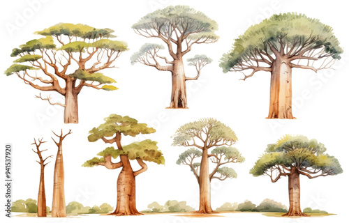 This artwork displays an array of distinct tree species, each with unique shapes and foliage, illustrating their beauty in nature and diversity photo