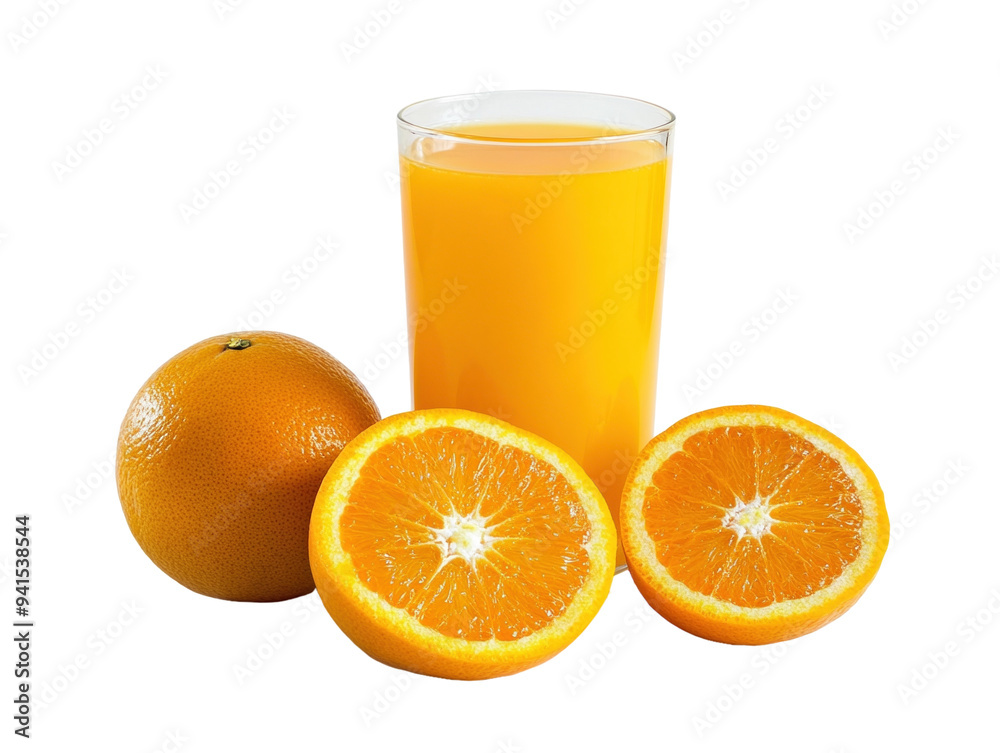 Glass of orange juice with whole and sliced oranges, isolated on white background, fresh PNG transparent. Glass of orange juice with whole and sliced oranges, isolated on white background, fresh PNG transparent.