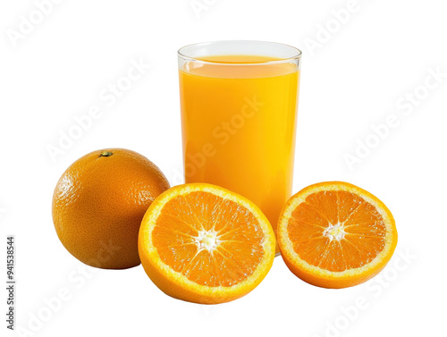 Glass of orange juice with whole and sliced oranges, isolated on white background, fresh PNG transparent.