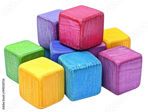 Stack of colorful wooden blocks, isolated on white background, playful, vibrant PNG transparent.