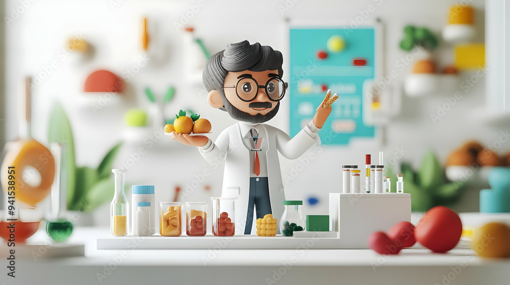 3D Icon as Scientist presenting glossy food research findings on World Food Day concept as Camera movement Zoom into the glossy research charts. Scene A high tech lab with colleagues. Detail Scientist 3D Icon as Scientist presenting glossy food research findings on World Food Day concept as Camera movement Zoom into the glossy research charts. Scene A high tech lab with colleagues. Detail Scientist
