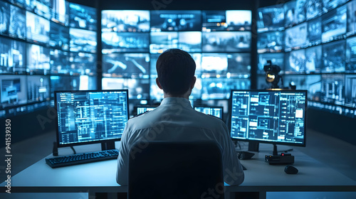 3D Icon as Security guard using a glossy surveillance system in a control room concept as Camera movement Pan across the glossy surveillance screens. Scene A modern control room with security equipmen