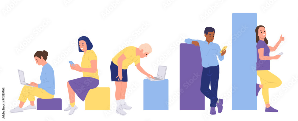 Diverse people cartoon characters using digital gadgets sitting standing with data charts bars