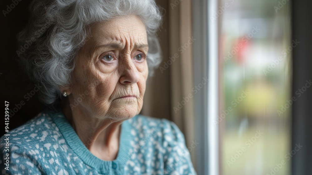 Elderly Woman in Contemplation, gazing through a window, immersed in her thoughts, bathed in gentle light, reflecting the emotional depth of dementia's effects. Elderly Woman in Contemplation, gazing through a window, immersed in her thoughts, bathed in gentle light, reflecting the emotional depth of dementia's effects.