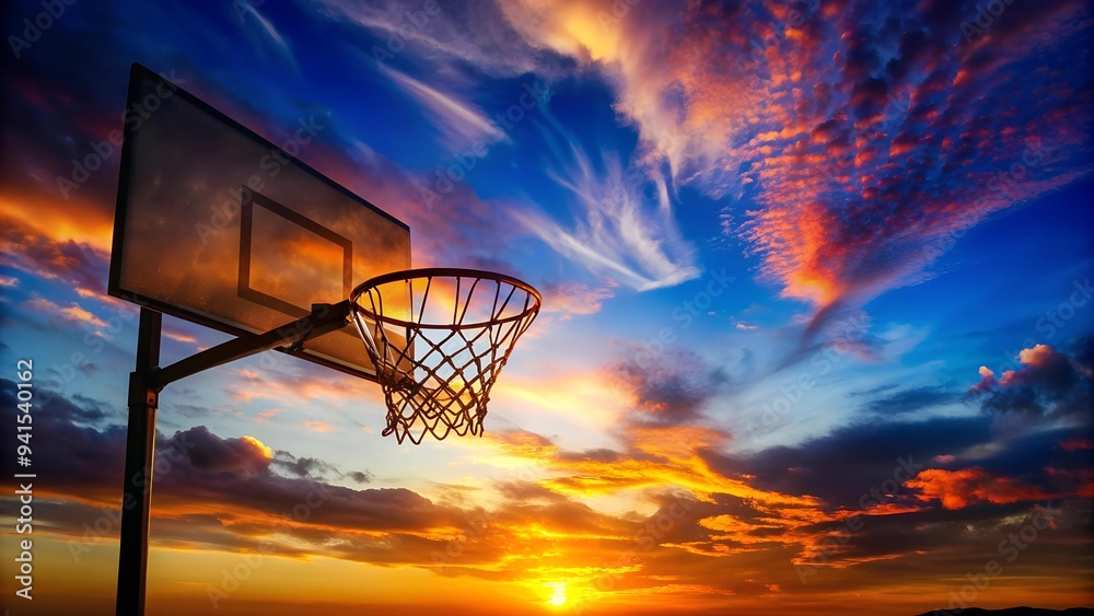 Sunset Silhouette of a Basketball Hoop Against a Vibrant Sky Generative AI Sunset Silhouette of a Basketball Hoop Against a Vibrant Sky Generative AI