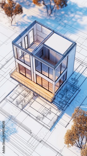 Modern House Design Blueprint with Trees.