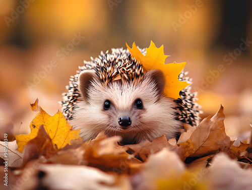 Cute hedgehog hides in autumn leaves. The hedgehog carries yellow leaves on its back. Baby hedgehog surrounded by pile of leaves. photo