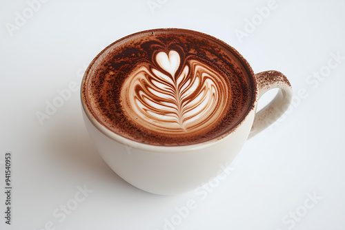 A cup of mocha latte with the picture above, white background