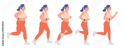 Running sport for woman body transformation before and after training isolated set on white