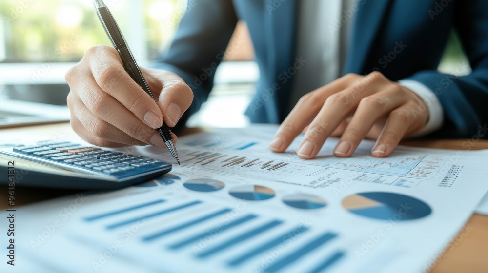 Close-up of a business professional using a calculator while reviewing financial charts and graphs on a document, emphasizing analysis and financial planning. Close-up of a business professional using a calculator while reviewing financial charts and graphs on a document, emphasizing analysis and financial planning.