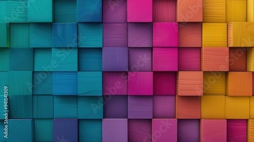 Vibrant 3D Wooden Cube Wall, a textured backdrop featuring rainbow-colored square cubes, polished finish, ideal for promotional designs and colorful presentations.