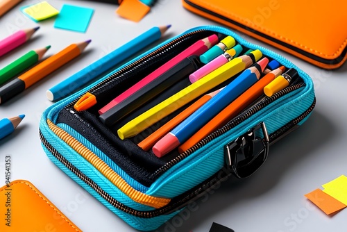 A detailed photo of a pencil case spilling out vibrant pens, pencils, and sticky notes onto a crisp, white desk, ready for the school year ahead