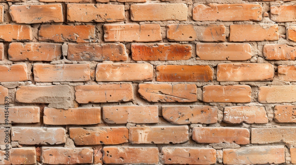 Obraz premium Rustic Brick Wall Texture, weathered red bricks with uneven mortar, showcasing an industrial and raw aesthetic, perfect for adding depth to any design project.