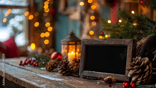 Rustic Christmas scene with empty picture frame on wooden table, cozy holiday atmosphere. Generative AI