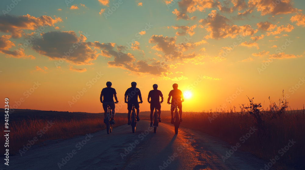 Fototapeta premium Four people are riding bikes on a road at sunset
