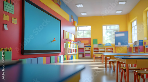 3D Icon as Teacher using a glossy interactive whiteboard in a modern classroom concept as Camera movement Pan across the glossy interactive whiteboard used by the teacher. Scene A bright modern classr photo