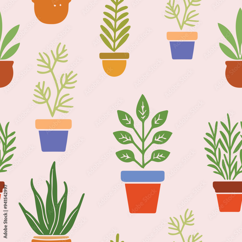 Seamless pattern with green plants in funny pots Seamless pattern with green plants in funny pots