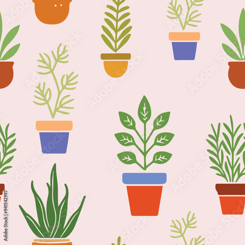 Seamless pattern with green plants in funny pots