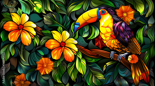 A vector-style image of a yellow-breasted toucan bird tail, tropical flowers, bird feathers, and an abstract expressionism surrealism apophysis paisley pattern.