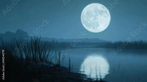 Tranquil Full Moon Night Over Serene Water Landscape