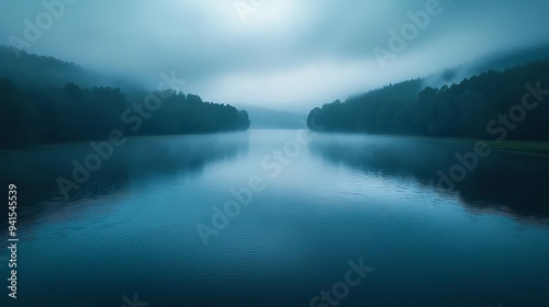 Serene lake view shrouded in mist, surrounded by lush forests under a calm, moody sky. Perfect for nature and tranquility themes.