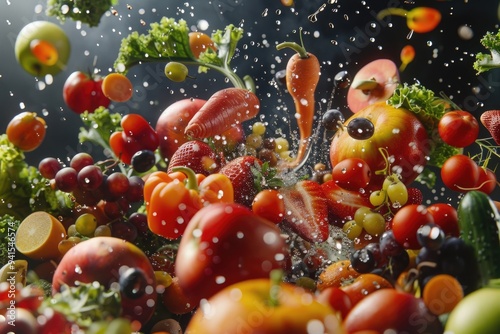 Fototapeta Naklejka Na Ścianę i Meble -  A colorful mix of fruits and vegetables getting cleaned with water