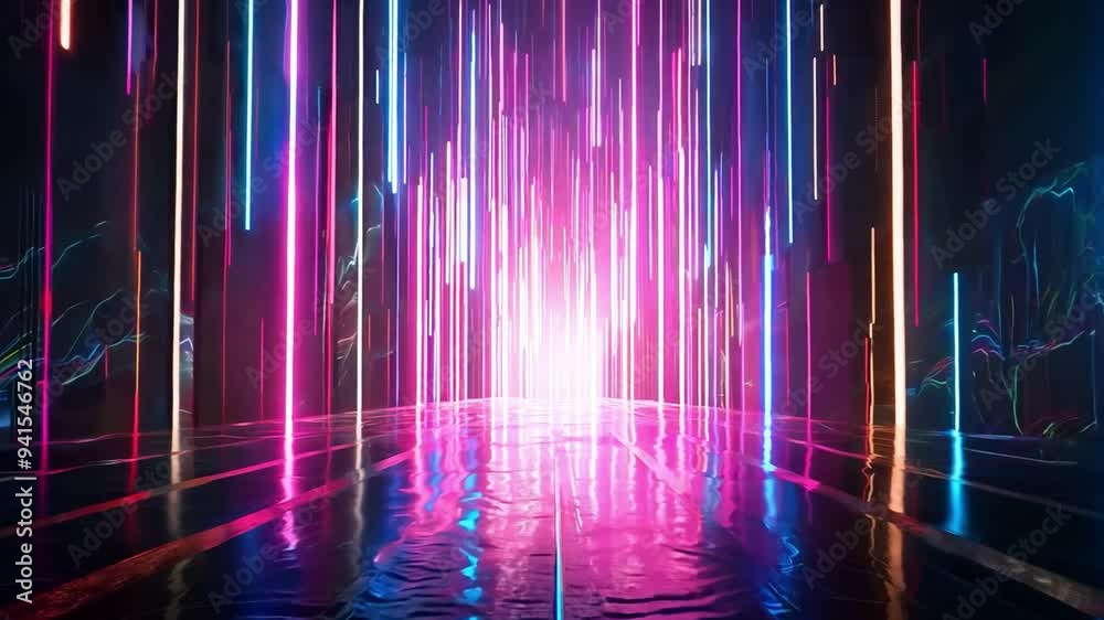 Neon lights illuminate a dark space, creating colorful vertical beams against a reflective surface, enhancing the vibrant atmosphere. Neon lights illuminate a dark space, creating colorful vertical beams against a reflective surface, enhancing the vibrant atmosphere.
