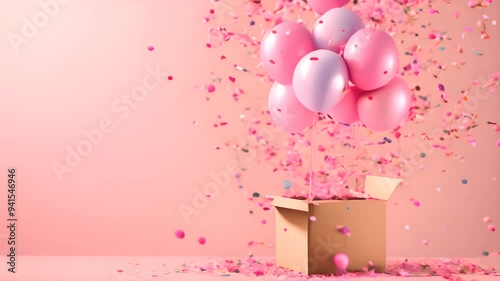 Bright, colored balloons fly out of an open 3d gift box with a magical glow. Festive graphic elements for birthday, Black Friday or Christmas.