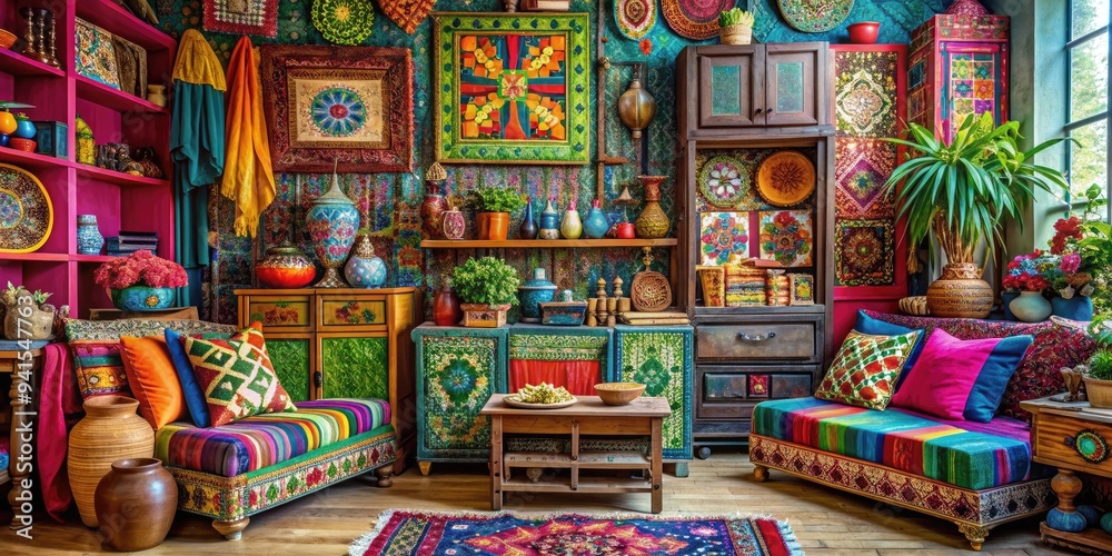 Fototapeta premium Bohemian Eclectic Repository: Vibrant colors, eclectic patterns, unique storage pieces, whimsical and inspiring.