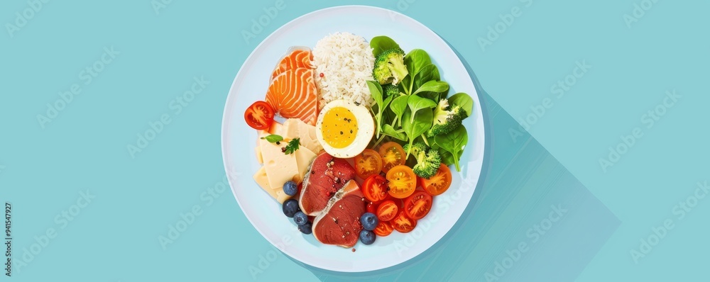 Balanced meal on a white plate with salmon, beef, boiled egg, vegetables, and grains on a light blue background. Balanced meal on a white plate with salmon, beef, boiled egg, vegetables, and grains on a light blue background.