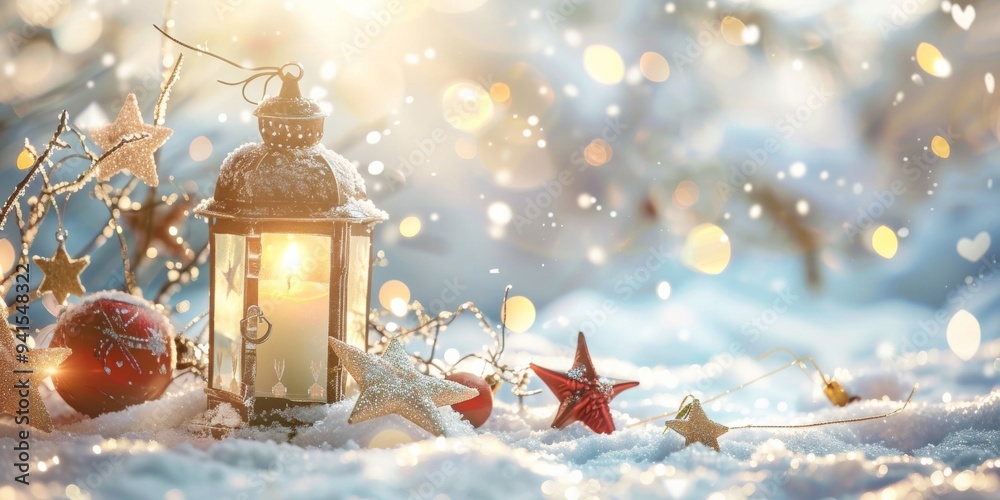 Winter scene with a glowing lantern, star ornaments, snowy ground, and shimmering bokeh background. Perfect for holiday and seasonal themes, capturing the magic of a winter wonderland Winter scene with a glowing lantern, star ornaments, snowy ground, and shimmering bokeh background. Perfect for holiday and seasonal themes, capturing the magic of a winter wonderland