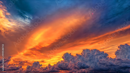 Dramatic sunset: Spectacular natural beauty with intense contrasts of warm and cool hues in the evening sky with dynamic cloud formations reflecting the harmony between light and shadow in summer twil