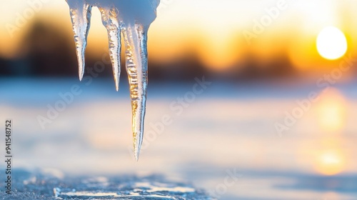 Golden Sunset Behind Winter Icicles on Frozen Lake