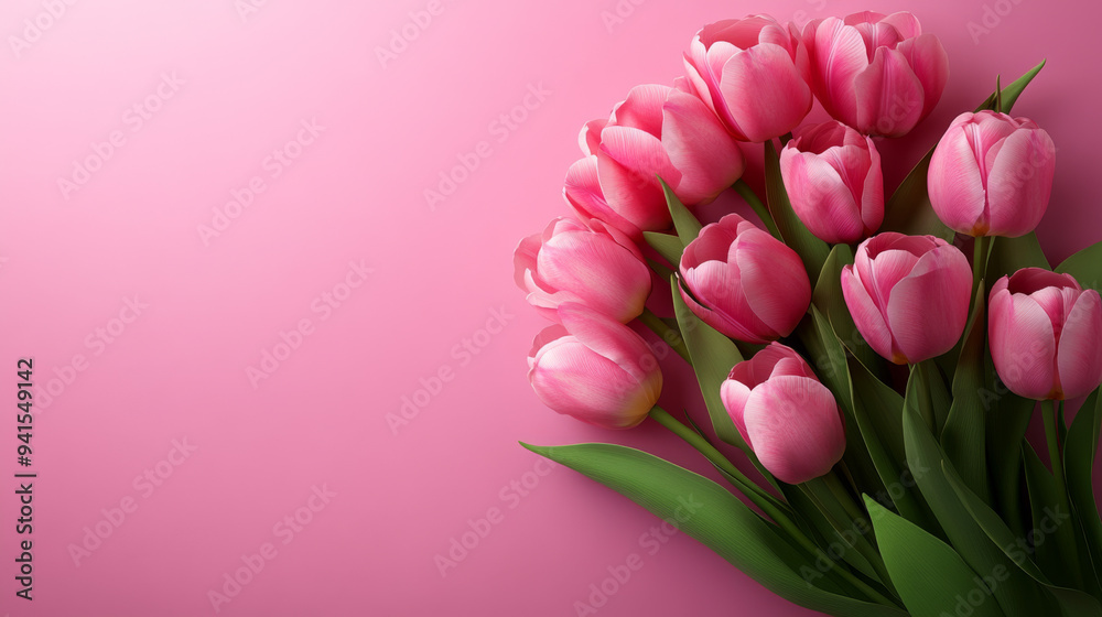 Obraz premium A bouquet of pink tulips is arranged on a pink background