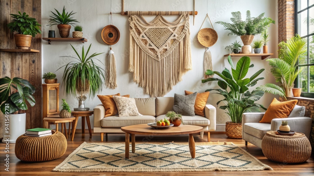 Fototapeta premium Bohemian Sanctuary: Earthy tones, macrame, woven textures, ethnic patterns, eclectic décor