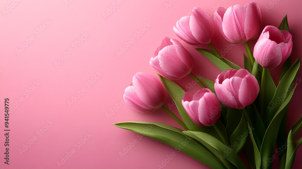 Obraz premium Pink flowers with green stems on a pink background