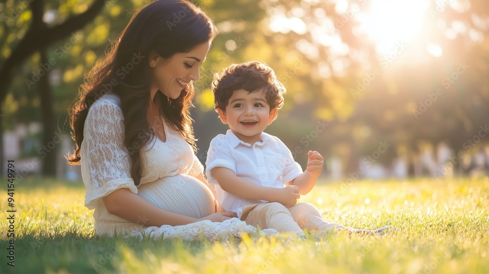 Pregnant woman sitting on grass with her smiling toddler son during golden hour in a sunny park Pregnant woman sitting on grass with her smiling toddler son during golden hour in a sunny park