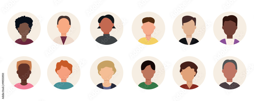 © Anminsi - Set of man persons, avatars, people heads of different ethnicity in flat minimal style.