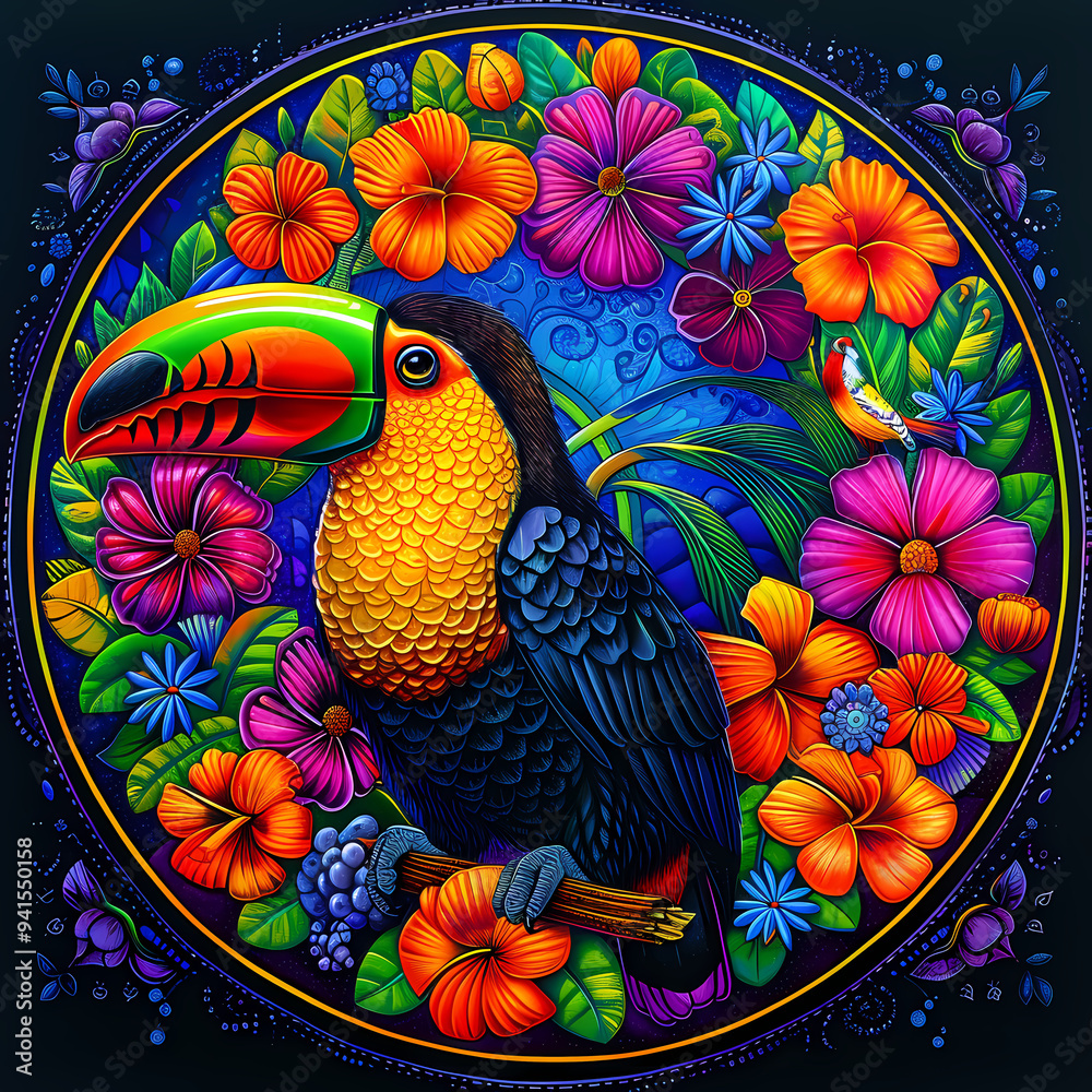 very bright and colorful mandala,very detailed high quality,object in center,yellow-breasted toucan whole body very bright and colorful mandala,very detailed high quality,object in center,yellow-breasted toucan whole body