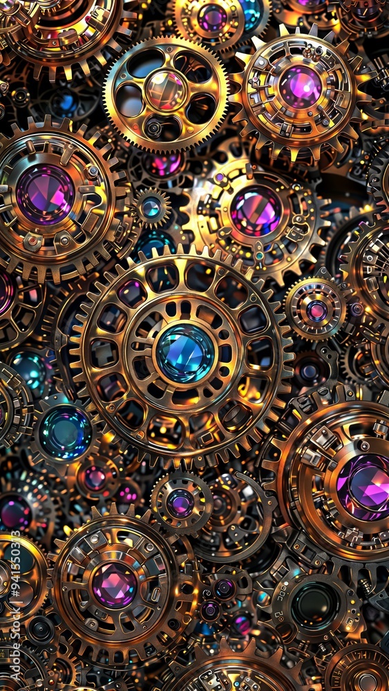 Intricate Mechanical Kaleidoscope. This captivating image showcases a mesmerizing array of intricately detailed, jewel-toned gears, cogs, and mechanisms, creating a visually stunning, futuristic compo Intricate Mechanical Kaleidoscope. This captivating image showcases a mesmerizing array of intricately detailed, jewel-toned gears, cogs, and mechanisms, creating a visually stunning, futuristic compo