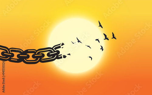 Broken chains that transform into peace birds. freedom and victory concept background.