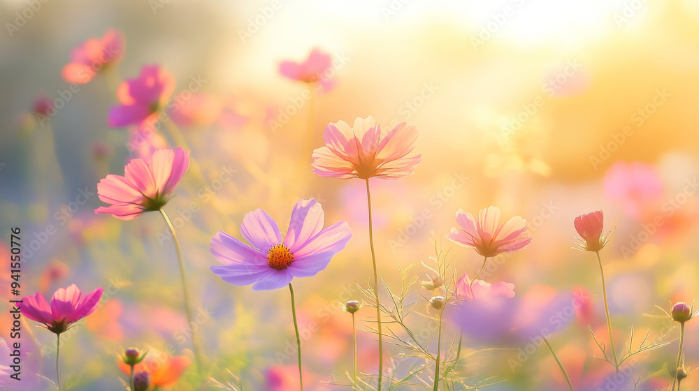 A field of pink flowers with the sun shining on them A field of pink flowers with the sun shining on them